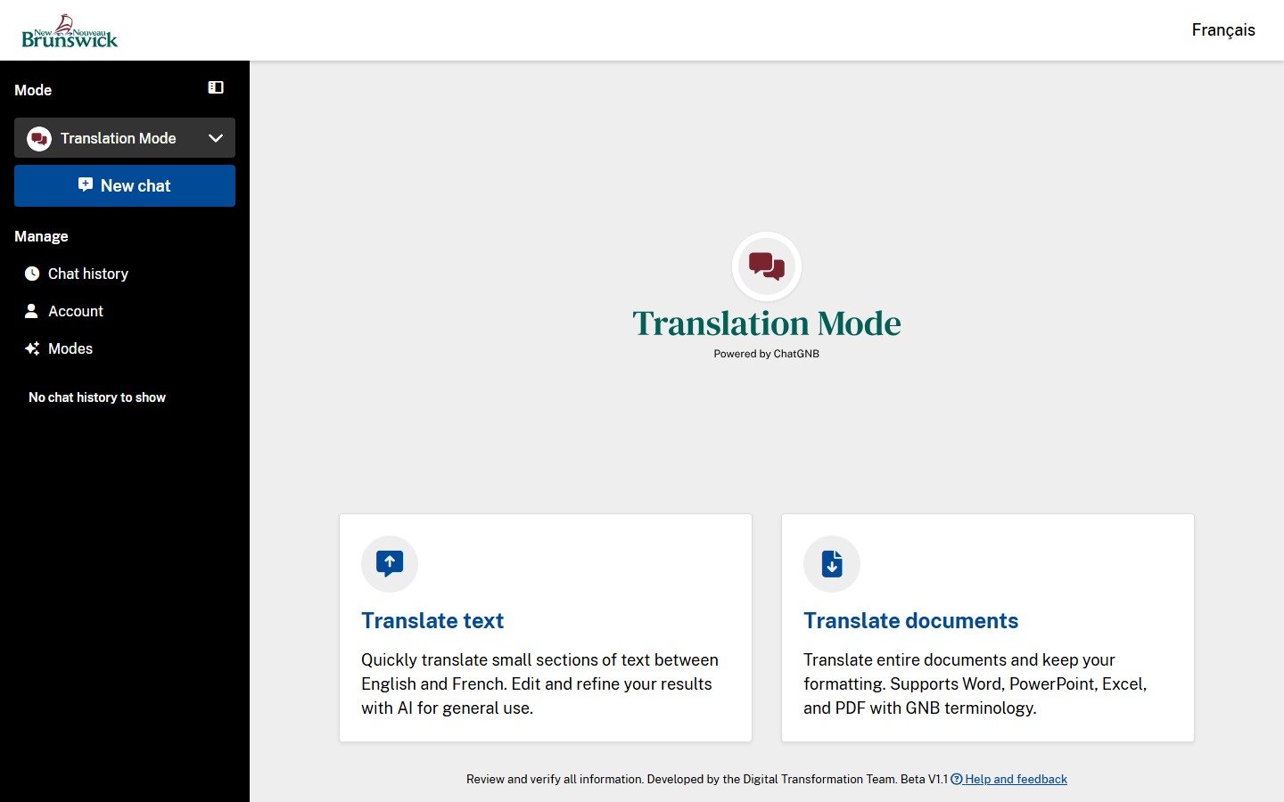 Choose from text or document translation.
