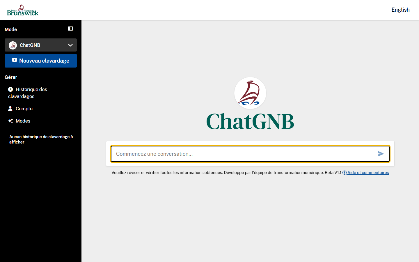 Page d’accueil de ChatGNB.